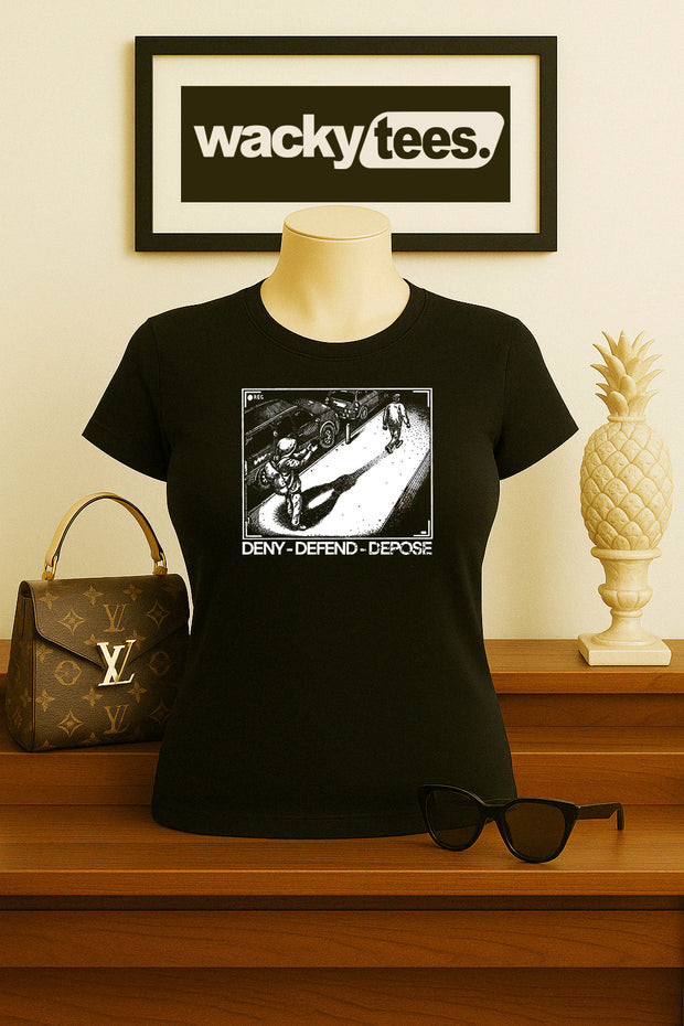 Deny Defend Depose Trendy Black and White Graphic Tee Shirt