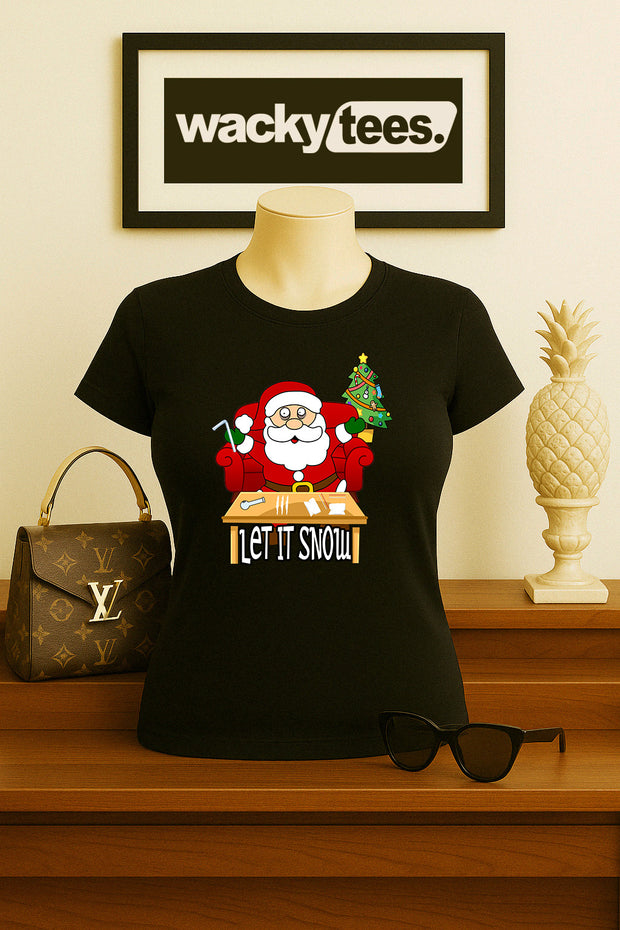Let it Snow Cracked Out Santa Funny Holiday Christmas Graphic Tee Shirt