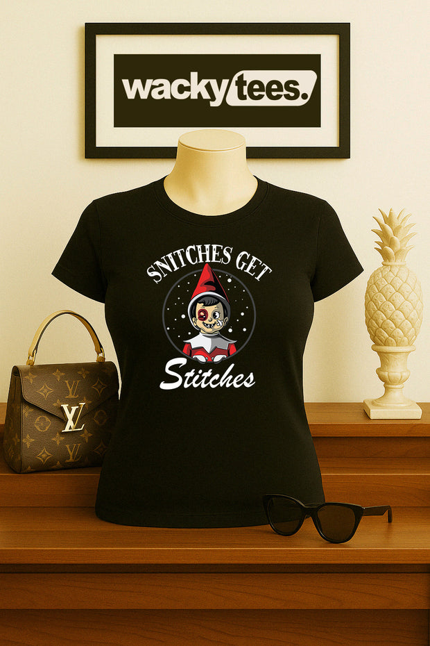 Snitches Get Stitches Christmas Holiday Beat Up Bruised Elf Graphic Tee Shirt