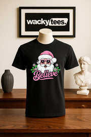 Believe In Santa Claus Pink Hat Holiday Funny Graphic Tee Shirt