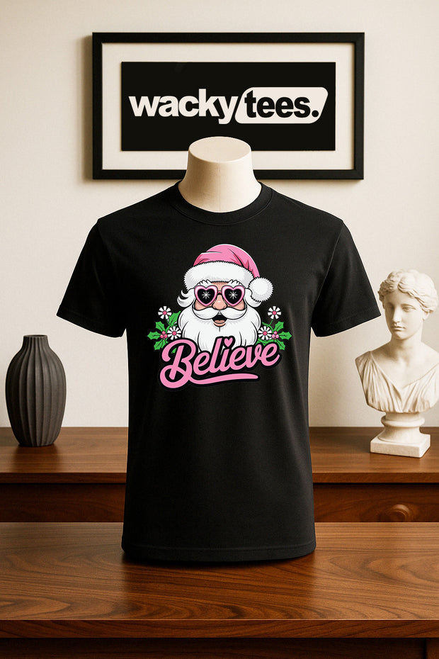 Believe In Santa Claus Pink Hat Holiday Funny Graphic Tee Shirt