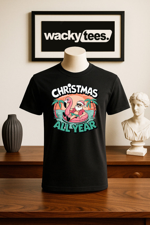Christmas All Year Long Santa Claus Relaxing Holiday Funny Graphic Tee Shirt