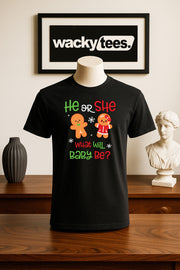 He or She What will Baby Be Gingerbread Christmas Holiday Family Graphic Tee Shirt