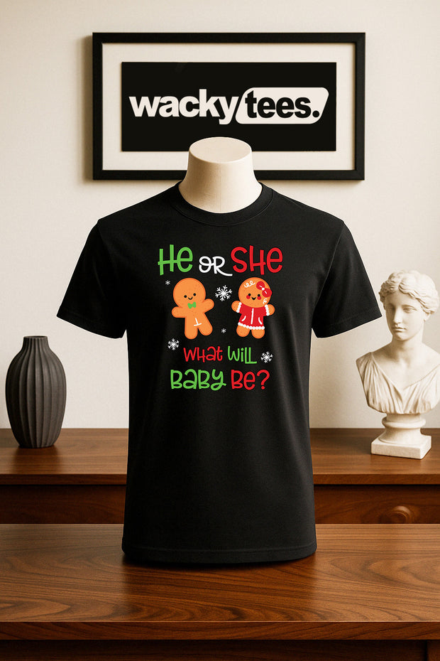 He or She What will Baby Be Gingerbread Christmas Holiday Family Graphic Tee Shirt