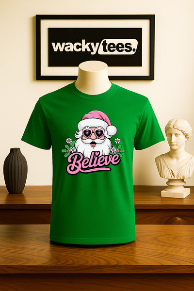 Believe In Santa Claus Pink Hat Holiday Funny Graphic Tee Shirt
