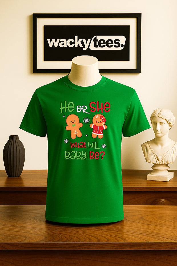 He or She What will Baby Be Gingerbread Christmas Holiday Family Graphic Tee Shirt
