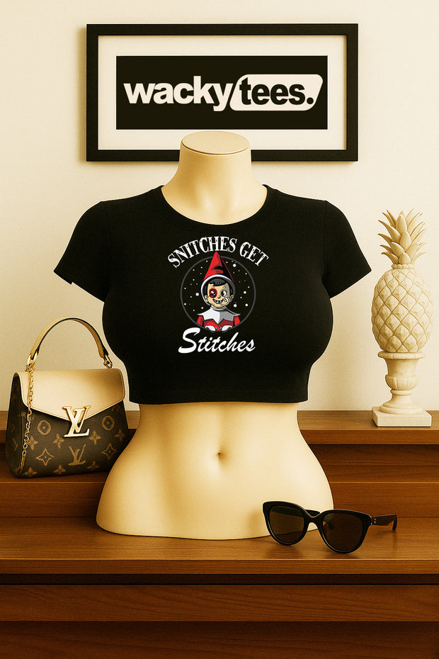 Snitches Get Stitches Christmas Holiday Beat Up Bruised Elf Graphic Tee Shirt