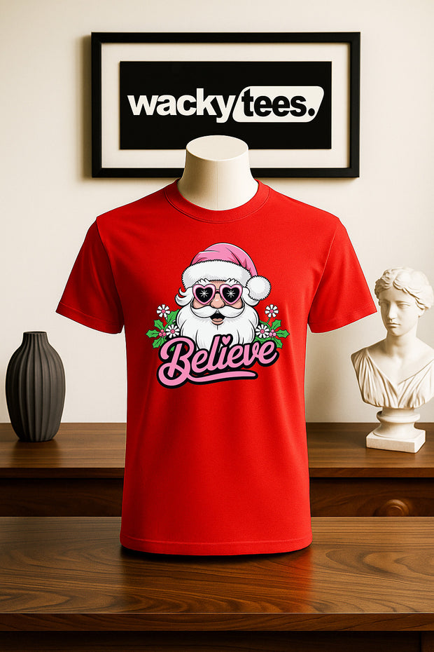 Believe In Santa Claus Pink Hat Holiday Funny Graphic Tee Shirt