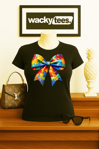 Autism Puzzle Awareness Bow Graphic Tee Shirt