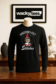 Snitches Get Stitches Christmas Holiday Beat Up Bruised Elf Graphic Tee Shirt