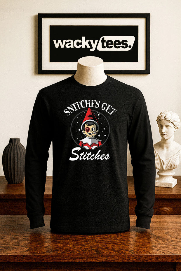 Snitches Get Stitches Christmas Holiday Beat Up Bruised Elf Graphic Tee Shirt