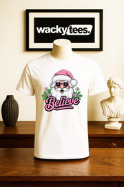 Believe In Santa Claus Pink Hat Holiday Funny Graphic Tee Shirt