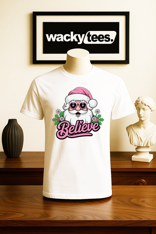 Believe In Santa Claus Pink Hat Holiday Funny Graphic Tee Shirt