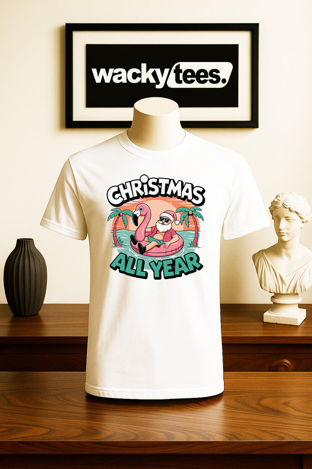 Christmas All Year Long Santa Claus Relaxing Holiday Funny Graphic Tee Shirt