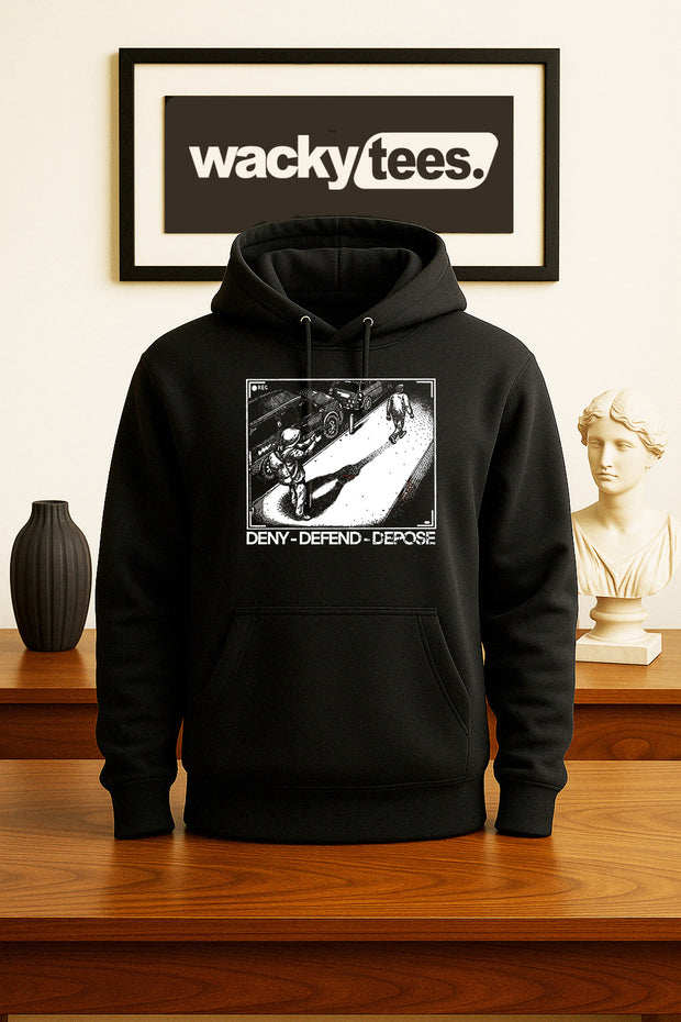 Deny Defend Depose Trendy Black and White Graphic Tee Shirt