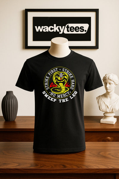 Cobra Kai Karate Kid Sweep The Leg Strike First Stike Hard No Mercy Graphic Tee Shirt