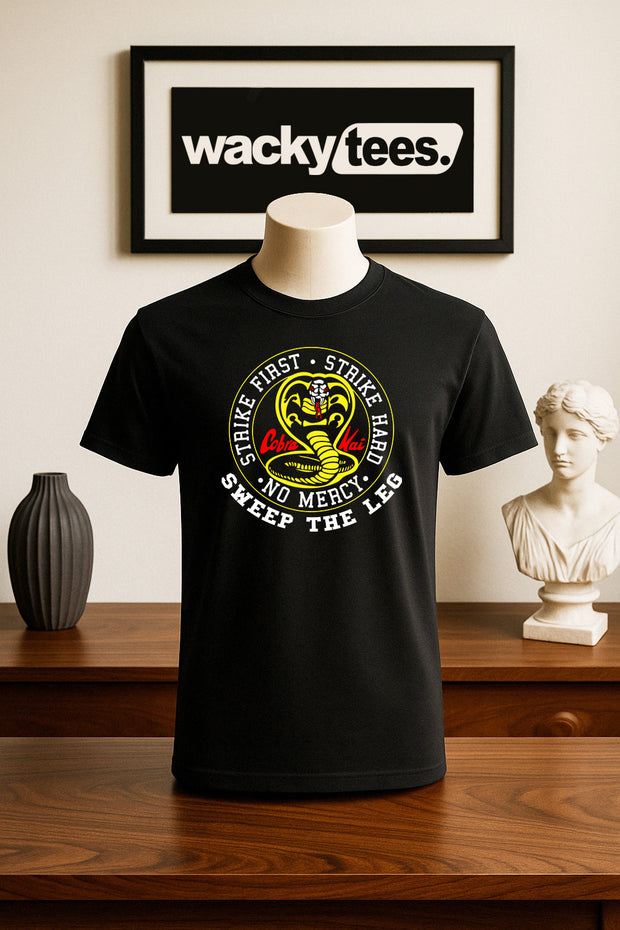 Cobra Kai Karate Kid Sweep The Leg Strike First Stike Hard No Mercy Graphic Tee Shirt
