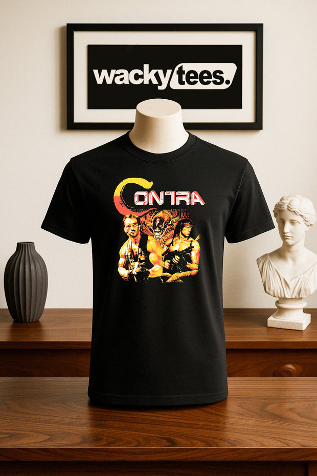 Contra War 80s Schwarzenegger Stallone Gaming NES Cover Graphic Tee Shirt