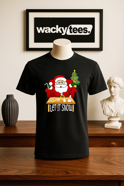Let it Snow Cracked Out Santa Funny Holiday Christmas Graphic Tee Shirt