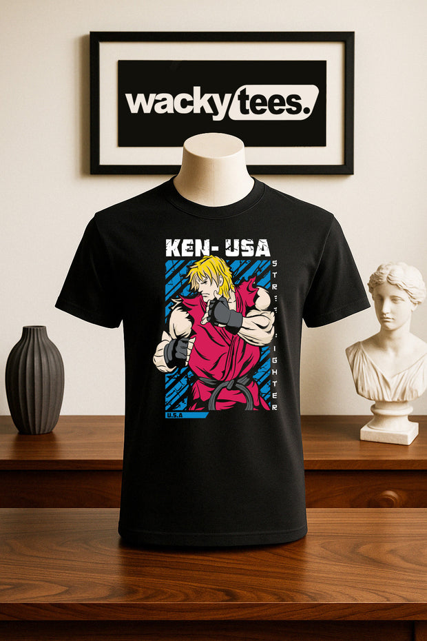 Street Fighter Ken USA United States Marital Arts Gaming Graphic Tee Shirt
