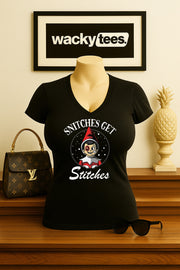 Snitches Get Stitches Christmas Holiday Beat Up Bruised Elf Graphic Tee Shirt