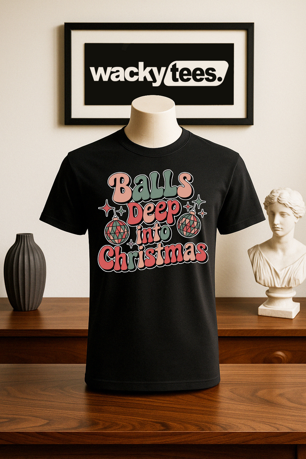 Balls Deep Into Christmas Xmas Holiday Funny Graphic Tee Shirt
