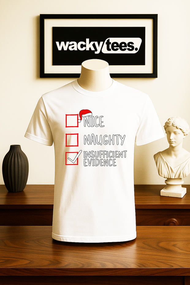 Christmas Check List Nice Naught Insufficient Evidence Holiday Funny Graphic Tee Shirt