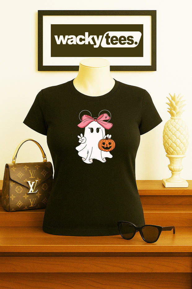 Cute Halloween Female Ghost with Pumpkin Trick Or Treating Graphic Tee Shirt