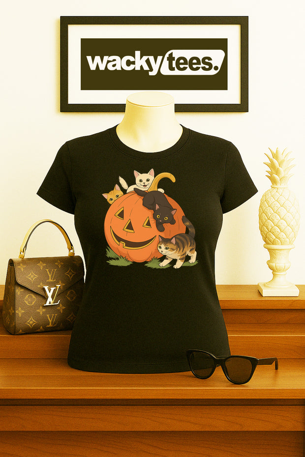 Halloween Fall Pumpkin Cute Kittens Cats Cute Graphic Tee Shirt