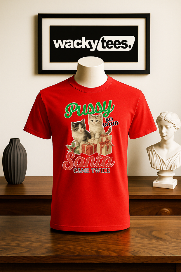 Pussy Kittens So Good Santa Came Twice Adult Humor Holiday Funny Graphic Tee Shirt