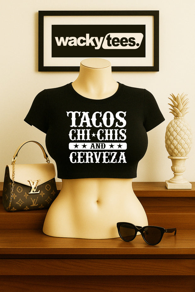Tacos ChiChis Boobs and Cerveza Beer Adult Humor Funny Graphic Tee Shirt
