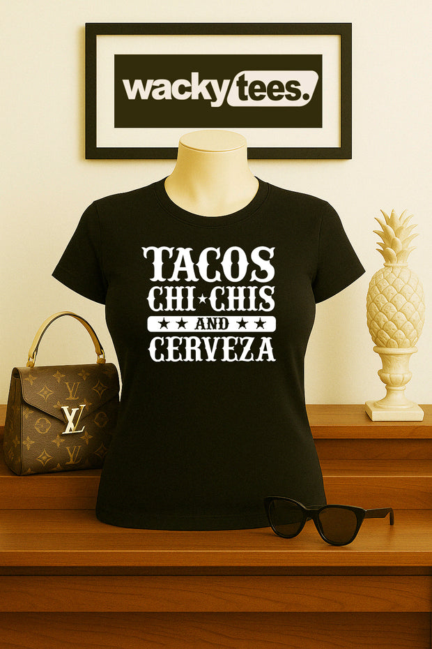 Tacos ChiChis Boobs and Cerveza Beer Adult Humor Funny Graphic Tee Shirt